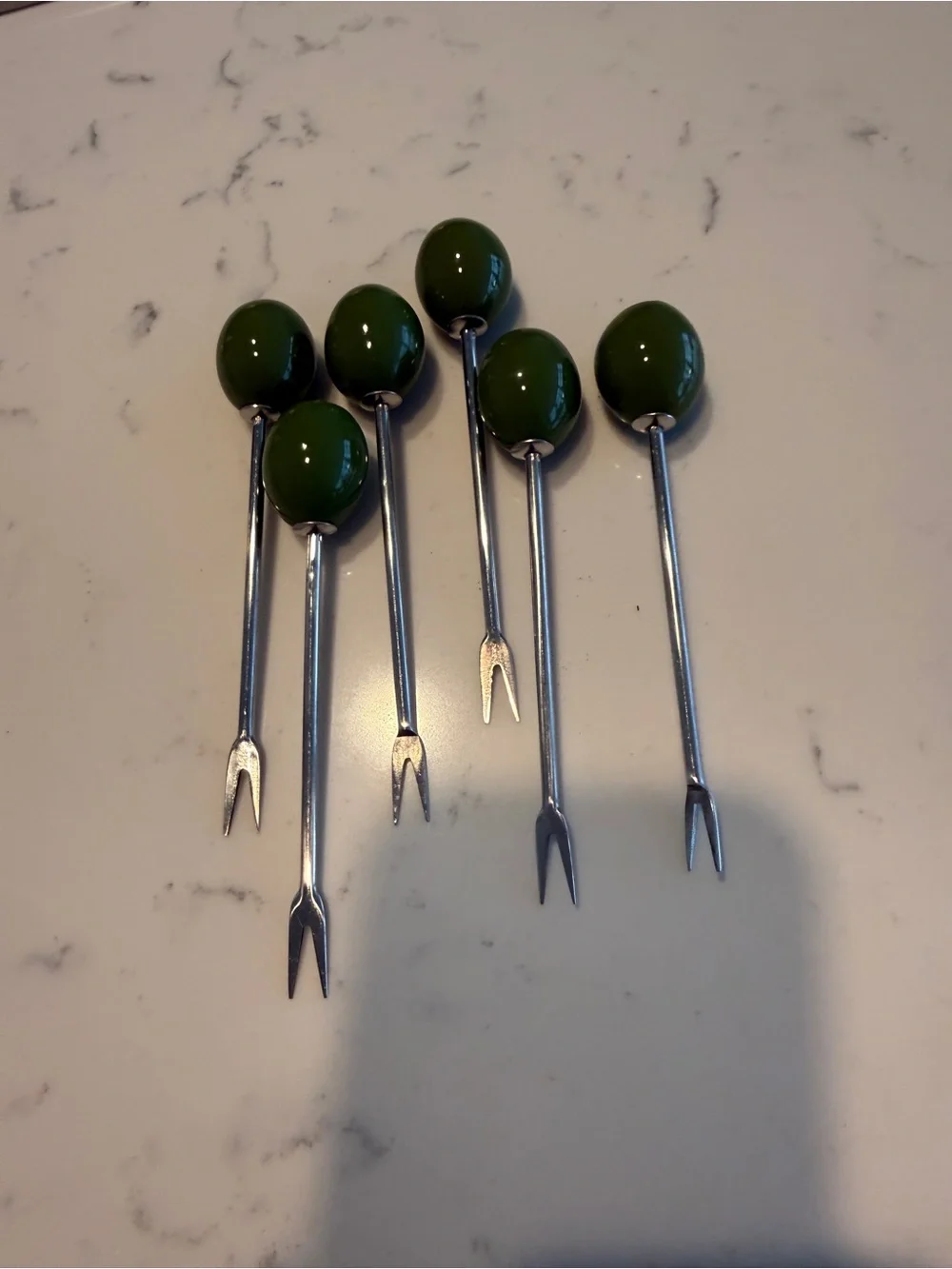 Vtg. Olive Cocktail Picks Set of 6 Green Pimento Martini Barware Appetizer Forks